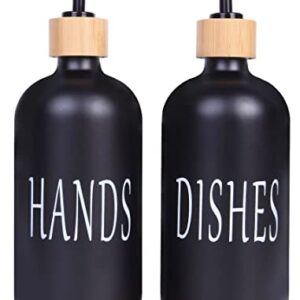 Glass Kitchen Soap Dispenser Set, Both Glass Soap Dispensers Equipped with Pumps& Bamboo Tray (Matte Black + Old Style Charactor)