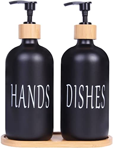 Glass Kitchen Soap Dispenser Set, Both Glass Soap Dispensers Equipped with Pumps& Bamboo Tray (Matte Black + Old Style Charactor)