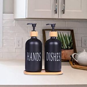Glass Kitchen Soap Dispenser Set, Both Glass Soap Dispensers Equipped with Pumps& Bamboo Tray (Matte Black + Old Style Charactor)