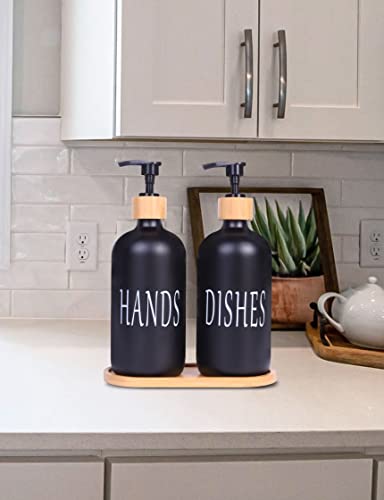 Glass Kitchen Soap Dispenser Set, Both Glass Soap Dispensers Equipped with Pumps& Bamboo Tray (Matte Black + Old Style Charactor)