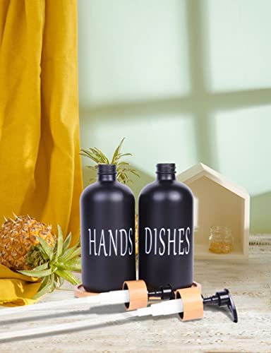 Glass Kitchen Soap Dispenser Set, Both Glass Soap Dispensers Equipped with Pumps& Bamboo Tray (Matte Black + Old Style Charactor)