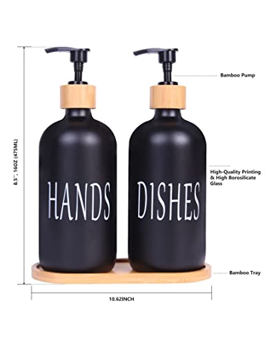 Glass Kitchen Soap Dispenser Set, Both Glass Soap Dispensers Equipped with Pumps& Bamboo Tray (Matte Black + Old Style Charactor)