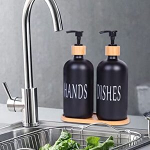 Glass Kitchen Soap Dispenser Set, Both Glass Soap Dispensers Equipped with Pumps& Bamboo Tray (Matte Black + Old Style Charactor)