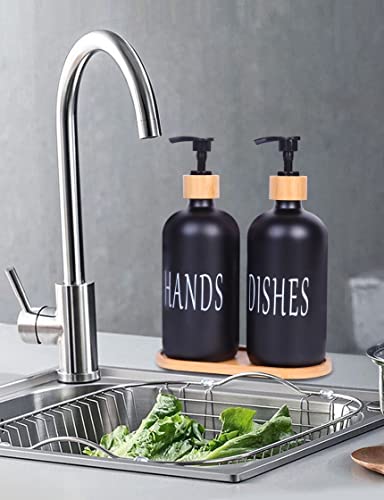 Glass Kitchen Soap Dispenser Set, Both Glass Soap Dispensers Equipped with Pumps& Bamboo Tray (Matte Black + Old Style Charactor)