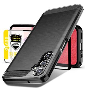 dretal for samsung galaxy a14 5g case, galaxy a14 5g with tempered glass screen protector, shock-absorption brushed flexible soft tpu carbon fiber protective cover for samsung a14 5g(ls-black)