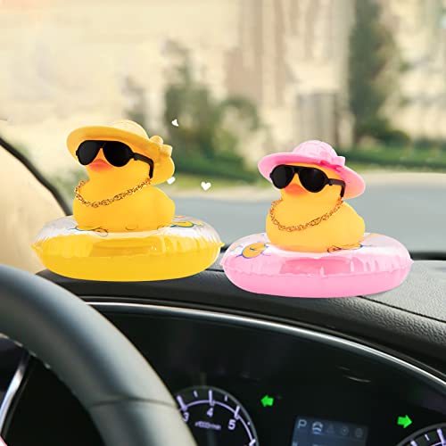 wonuu Car Rubber Duck Car Duck Decoration Dashboard Car Ornament for Car Dashboard Decoration Accessories with Mini Flower Hat Swim Ring Necklace and Sunglasses (A_Pink Flower Hat)