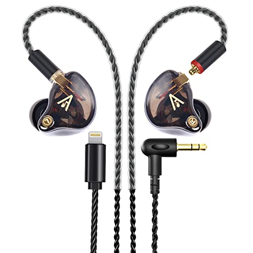 Audiovance Vibes 201L Wired Earbuds in-Ear Headphones, Lightning to 3.5mm Adapter & Braided Cord, Noise Isolating Bass Driven Earphones, Carry Case, Ear Buds Tips, 3.5mm Jack (Clear Brown, No Mic)