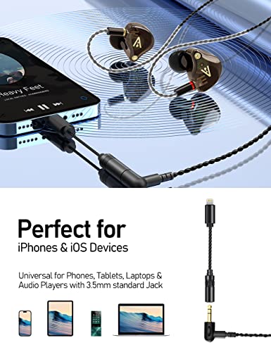 Audiovance Vibes 201L Wired Earbuds in-Ear Headphones, Lightning to 3.5mm Adapter & Braided Cord, Noise Isolating Bass Driven Earphones, Carry Case, Ear Buds Tips, 3.5mm Jack (Clear Brown, No Mic)