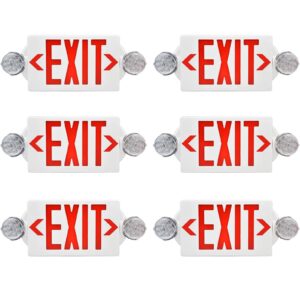 red led exit sign emergency lights with 2 adjustable head lights, red letter emergency exit lighting with battery backup for restaurant, commercial, family emergency, ul-listed, 120-277v, 6pcs