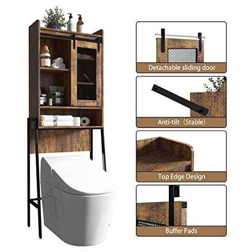 Walmokid Bathroom Storage Cabinet Over Toilet w/Adjustable Shelf & Sliding Door, 5-Tier Over The Toilet Storage Rack Anti-tilt Bathroom Organizer Over Toilet,Rustic Brown