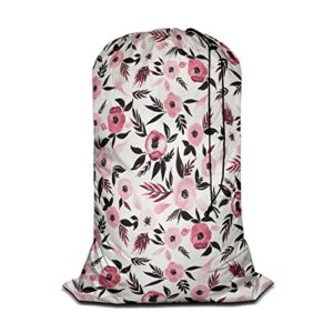 swono watercolor sketch poppy large laundry bag washable large dirty clothes, leaf repeating pattern drawstring organizer bag, fit hamper basket camp travel home dorm, pink black