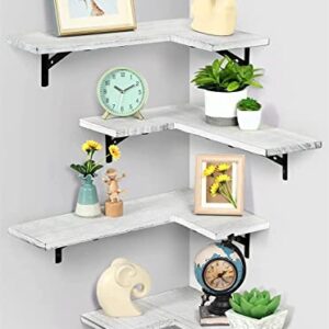 SEHERTIWY Corner Floating Shelves Wall Mounted Set of 4, Rustic Wood Wall Storage Shelves for Bedroom, Living Room, Bathroom (Rustic White)