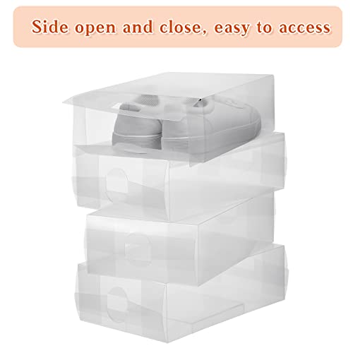 24 Pcs Women's Shoe Box Clear Plastic Stackable Shoe Storage Organizer Foldable Heavy Duty Shoe Containers for Closet Apartments Small Spaces Dorm Bedroom, 12 x 7.5 x 3.7 Inches