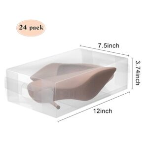 24 Pcs Women's Shoe Box Clear Plastic Stackable Shoe Storage Organizer Foldable Heavy Duty Shoe Containers for Closet Apartments Small Spaces Dorm Bedroom, 12 x 7.5 x 3.7 Inches