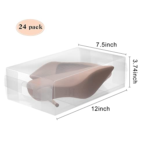 24 Pcs Women's Shoe Box Clear Plastic Stackable Shoe Storage Organizer Foldable Heavy Duty Shoe Containers for Closet Apartments Small Spaces Dorm Bedroom, 12 x 7.5 x 3.7 Inches