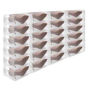 24 Pcs Women's Shoe Box Clear Plastic Stackable Shoe Storage Organizer Foldable Heavy Duty Shoe Containers for Closet Apartments Small Spaces Dorm Bedroom, 12 x 7.5 x 3.7 Inches