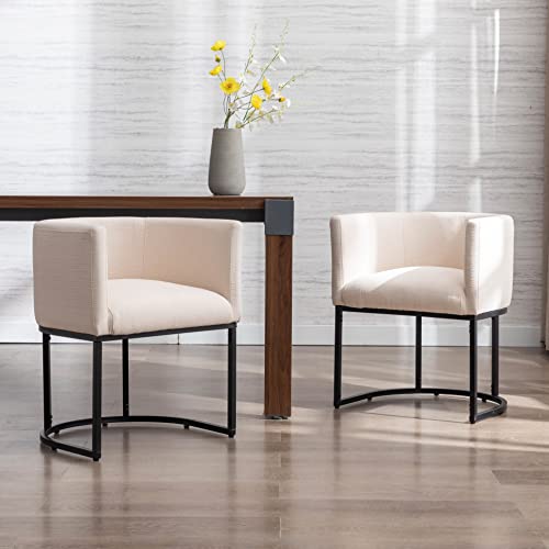 RIVOVA Mid Century Modern Dining Room Chairs Set of 3, Linen Upholstered Arm Chairs with Back and Black Legs Accent Chairs Side Chairs for Home Kitchen Living Room, Cream