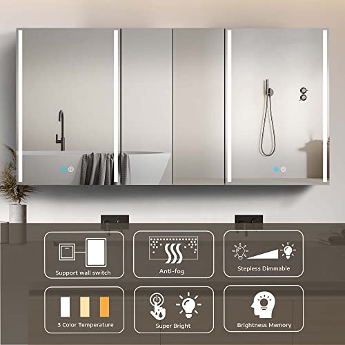 OgonbrickMedicine Cabinets 60 X 30 LED Lighted Bathroom Medicine Cabinet Four Doors Surface Wall Mounted with Anti-fogger 3 Color Lights Dimmable Brightness Big Modern Medicine Cabinet Black