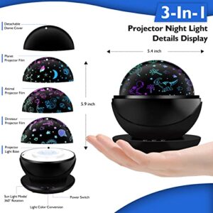 VSATEN Night Light for Kids, Dinosaur Night Light Projector, 3 in 1 360° Rotating Dino Projector Lamp with Planets & Animal Theme for Kids Bedroom Decor, Dinosaur Toys Gifts for 3-10 Year Old Boys