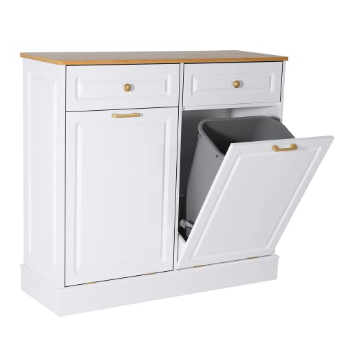 eclife Double Kitchen Trash Cabinets Dual Tilt Out Trash Cabinet， Kitchen Hide Garbage Cans with Two Wood Hideaway Trash Holder Drawers, Free Standing Recycling Cabinet Trash Can Holder (Dual White)