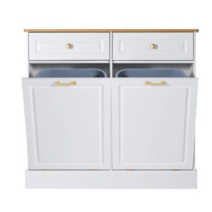 eclife Double Kitchen Trash Cabinets Dual Tilt Out Trash Cabinet， Kitchen Hide Garbage Cans with Two Wood Hideaway Trash Holder Drawers, Free Standing Recycling Cabinet Trash Can Holder (Dual White)