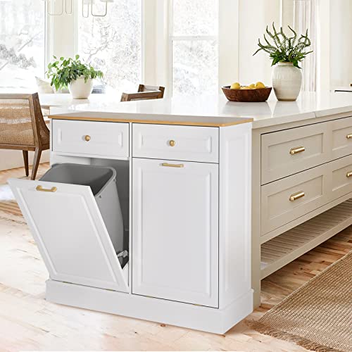 eclife Double Kitchen Trash Cabinets Dual Tilt Out Trash Cabinet， Kitchen Hide Garbage Cans with Two Wood Hideaway Trash Holder Drawers, Free Standing Recycling Cabinet Trash Can Holder (Dual White)