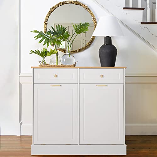 eclife Double Kitchen Trash Cabinets Dual Tilt Out Trash Cabinet， Kitchen Hide Garbage Cans with Two Wood Hideaway Trash Holder Drawers, Free Standing Recycling Cabinet Trash Can Holder (Dual White)