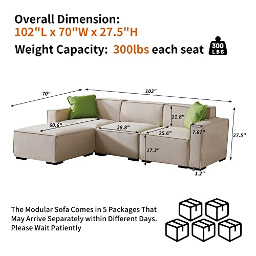 Dolonm L Shape Sectional Sofa for Living Room, Convertible Modular Sectional Couch with Reversible Chaise, 102 Inches Long Modern Linen Luxury Couch with Two Pillows (Beige, L Shape Sofa)
