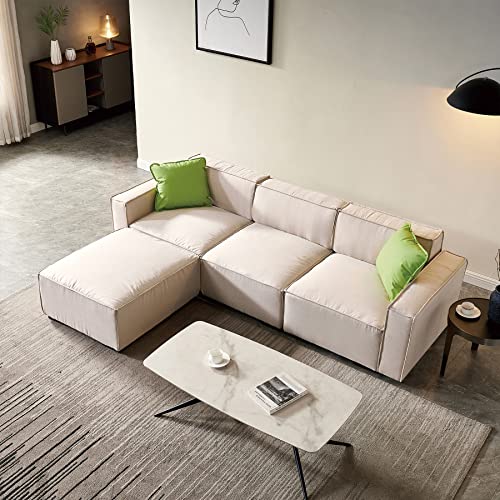 Dolonm L Shape Sectional Sofa for Living Room, Convertible Modular Sectional Couch with Reversible Chaise, 102 Inches Long Modern Linen Luxury Couch with Two Pillows (Beige, L Shape Sofa)