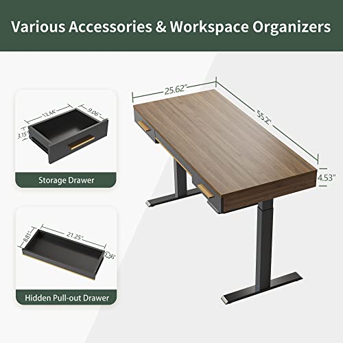 FEZIBO 55 x 26 Inches Mid-Century Modern Electric Standing Desk with 3 Drawers, Whole-Piece Stand Up Home Office Desks, Vintage Top/Black Frame（2 Packages）