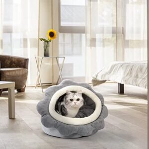 Cat Beds for Indoor Cats - Small Cat Bed with Anti-Slip Bottom, Sunflower-Shaped Cat/Dog Cave with Hanging Toy, Puppy Bed with Removable Cotton Pad, Super Soft Calming, Multiple Sizes(Grey L)