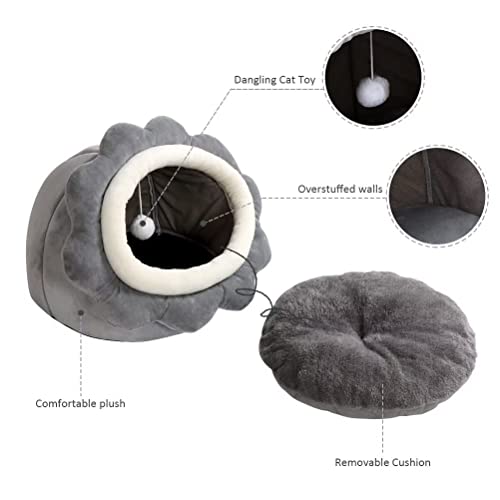 Cat Beds for Indoor Cats - Small Cat Bed with Anti-Slip Bottom, Sunflower-Shaped Cat/Dog Cave with Hanging Toy, Puppy Bed with Removable Cotton Pad, Super Soft Calming, Multiple Sizes(Grey L)