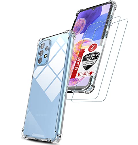 KIOMY 𝐒𝐀𝐌 𝐀𝟐𝟑 Clear Case for Samsung Galaxy A23 4G 5G with 2pcs HD Tempered Glass Screen Protectors Transparent Cover for A23 4G LTE Hybrid Hard PC Back and Flexible TPU Frame Shockproof Bumper