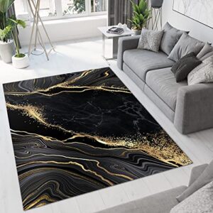 Luxury Black Gold Marble Area Rug, Abstract Night Sky Grey Line Art Indoor Rugs, Non-Slip Machine Washable Carpet for Living Room Bedroom Apartment Home Decor - 6 ft x 4 ft