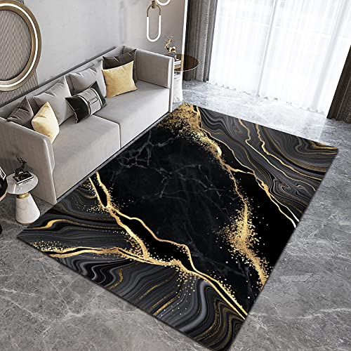 Luxury Black Gold Marble Area Rug, Abstract Night Sky Grey Line Art Indoor Rugs, Non-Slip Machine Washable Carpet for Living Room Bedroom Apartment Home Decor - 6 ft x 4 ft