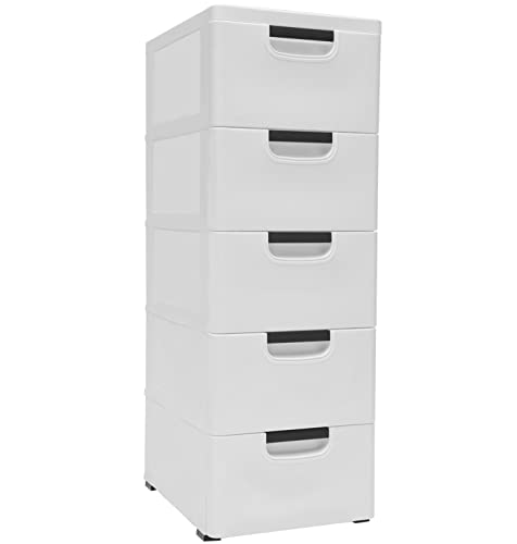 GMSLuu Plastic Drawers Dresser, Storage Cabinet with 5 Drawers, Closet Drawers Tall Dresser Organizer with 4 Wheels for Clothes,Playroom,Bedroom,Kitchen Storage Furnitur (16" Wx12 Dx33 H, White)