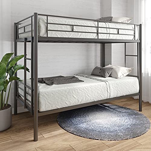 Tensun Twin Over Twin Metal Bunk Bed Frame with Safety Guard Rail and Ladder, Space-Saving, No Box Spring Needed, Noise Free (Black)