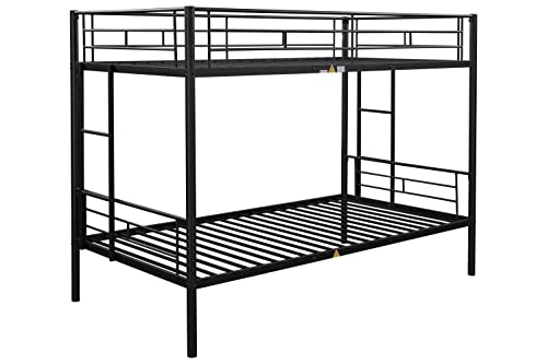 Tensun Twin Over Twin Metal Bunk Bed Frame with Safety Guard Rail and Ladder, Space-Saving, No Box Spring Needed, Noise Free (Black)