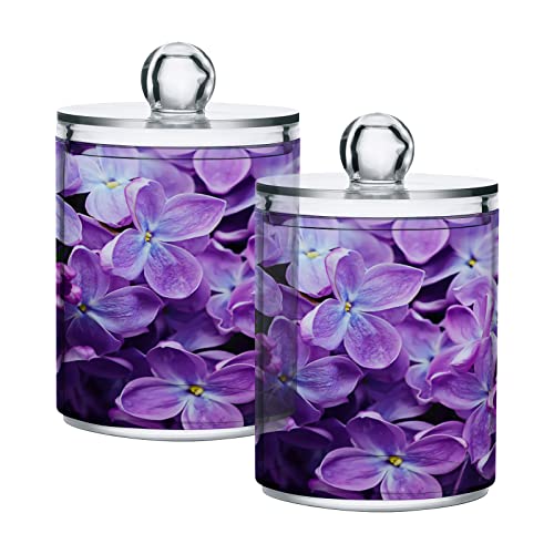 Kigai 2PCS Spring Lilac Purple Floral Qtip Holder Dispenser with Lids - 14 oz Bathroom Storage Organizer Set, Clear Apothecary Jars Food Storage Containers, for Tea, Coffee, Cotton Ball, Floss