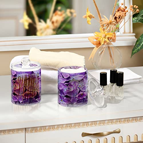 Kigai 2PCS Spring Lilac Purple Floral Qtip Holder Dispenser with Lids - 14 oz Bathroom Storage Organizer Set, Clear Apothecary Jars Food Storage Containers, for Tea, Coffee, Cotton Ball, Floss