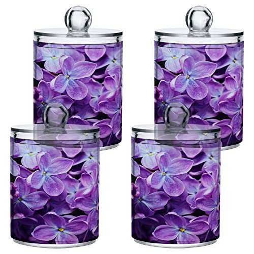 Kigai 2PCS Spring Lilac Purple Floral Qtip Holder Dispenser with Lids - 14 oz Bathroom Storage Organizer Set, Clear Apothecary Jars Food Storage Containers, for Tea, Coffee, Cotton Ball, Floss