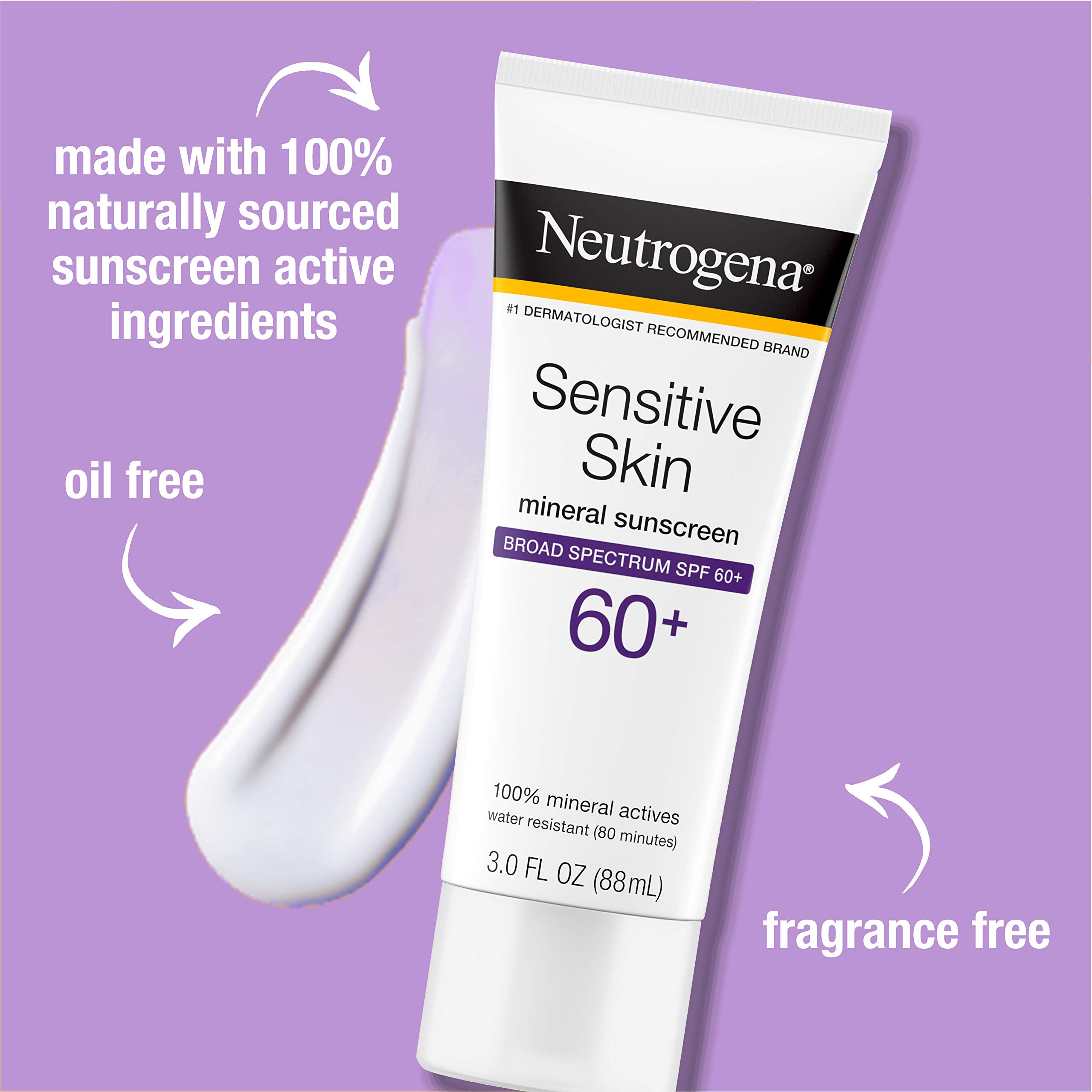 Neutrogena Sensitive Skin Mineral Sunscreen Lotion with Broad Spectrum SPF 60+ & Zinc Oxide, Water-Resistant, Hypoallergenic, Fragrance- & Oil-Free Gentle Sunscreen Formula, 3 fl. oz