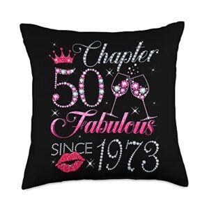 happy 50th birthday tee gifts for women chapter 50 fabulous since 1973 50th birthday gift for women throw pillow, 18x18, multicolor