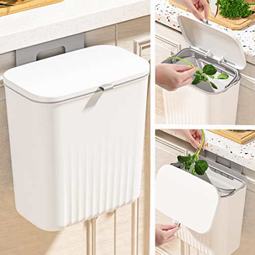 2.4 Gallon Kitchen Bathroom Wall Mounted Trash Can with Lid,Hanging Counter Waste Basket,Recycling Garbage Can for Kitchen Cabinet Door/ Under Sink/Bathroom