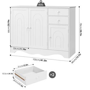 HORSTORS White Sideboard Buffet Cabinet with Storage, Kitchen Buffet Storage Cabinet with 2 Drawers & 3 Doors, Wood Coffee Bar Buffet Table Console Cabinet for Kitchen, Dining Room, White