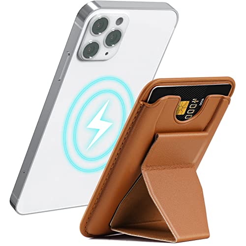 Tomorotec Wallet Phone Card Holder Compatible with MagSafe Apple iPhone 12/13/14 Series Easy Access Magnetic Synthetic Leather Phone Wallet Fits 3 Cards Phone Stand for Multiple Viewing Angles (Brown)