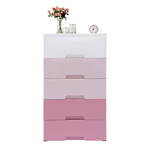 Gdrasuya10 Plastic Drawers Dresser, Storage Cabinet with 5 Drawers, Organizer Unit Stable Cart on Wheels Waterproof Plastic Cabinet with Drawers for Bedroom Apartment, Gradient Pink