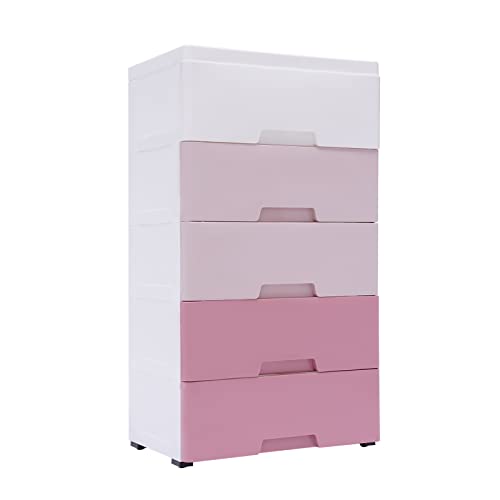 Gdrasuya10 Plastic Drawers Dresser, Storage Cabinet with 5 Drawers, Organizer Unit Stable Cart on Wheels Waterproof Plastic Cabinet with Drawers for Bedroom Apartment, Gradient Pink