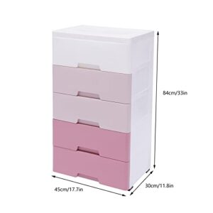 Gdrasuya10 Plastic Drawers Dresser, Storage Cabinet with 5 Drawers, Organizer Unit Stable Cart on Wheels Waterproof Plastic Cabinet with Drawers for Bedroom Apartment, Gradient Pink