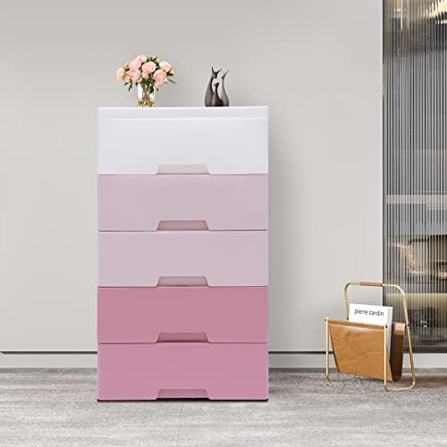 Gdrasuya10 Plastic Drawers Dresser, Storage Cabinet with 5 Drawers, Organizer Unit Stable Cart on Wheels Waterproof Plastic Cabinet with Drawers for Bedroom Apartment, Gradient Pink